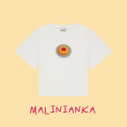 Koszulka w kolorze kremowym w nadrukiem malinianka na talerzyku na froncie.